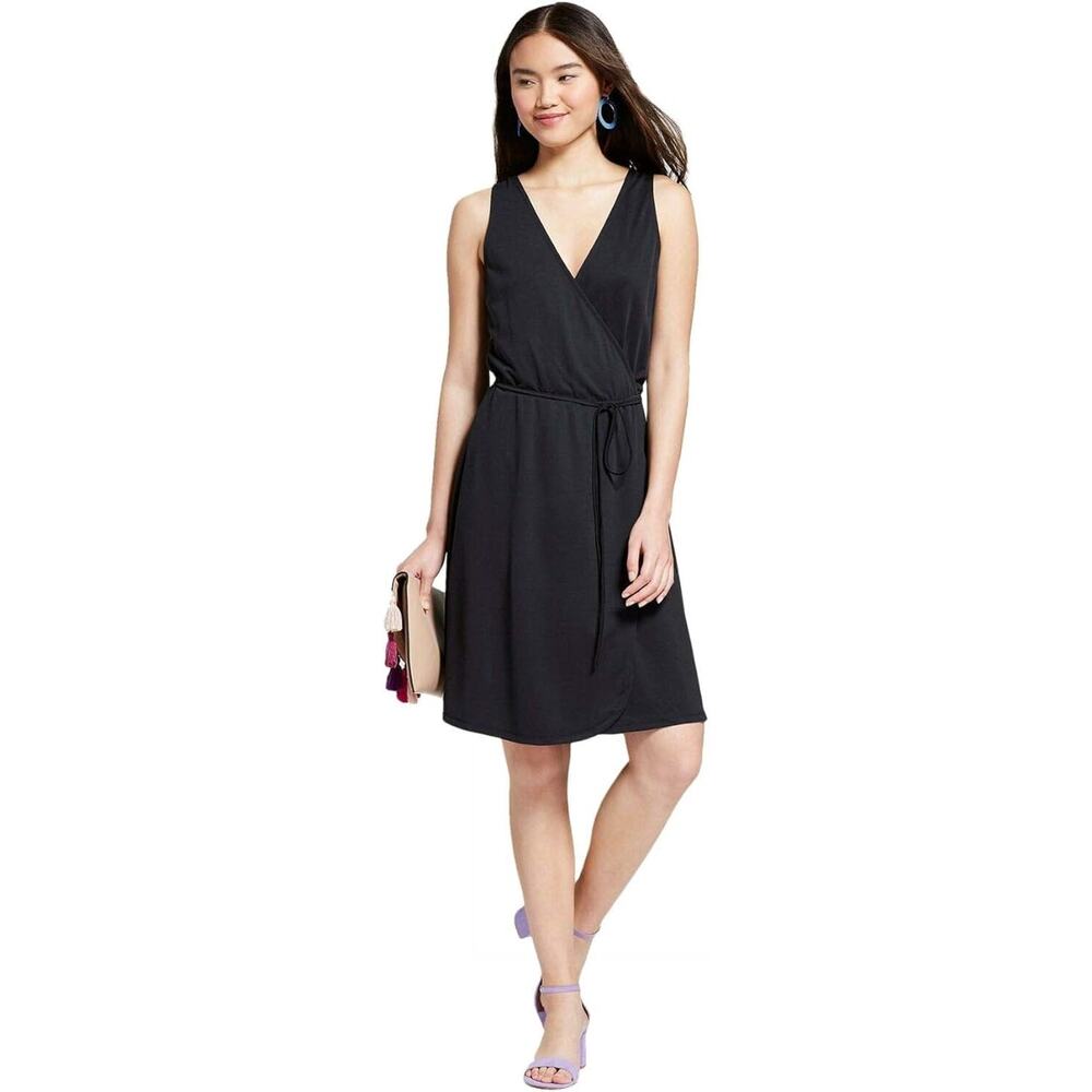 A‎ New Day Women’s Sleeveless V-Neck Coquette Tie Waist Wrap Dress Size S Black